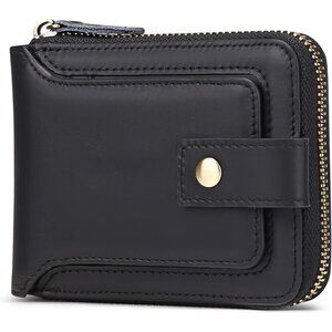 🆕Men's Black Genuine Leather Wallet RFID Blocking Zipper Coin Pocket ID Window